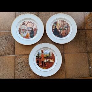 Vintage Decorative Collector Plates with Storybook Scenes - White & Gold Trim
